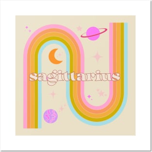 Sagittarius 70s Rainbow with planets Posters and Art